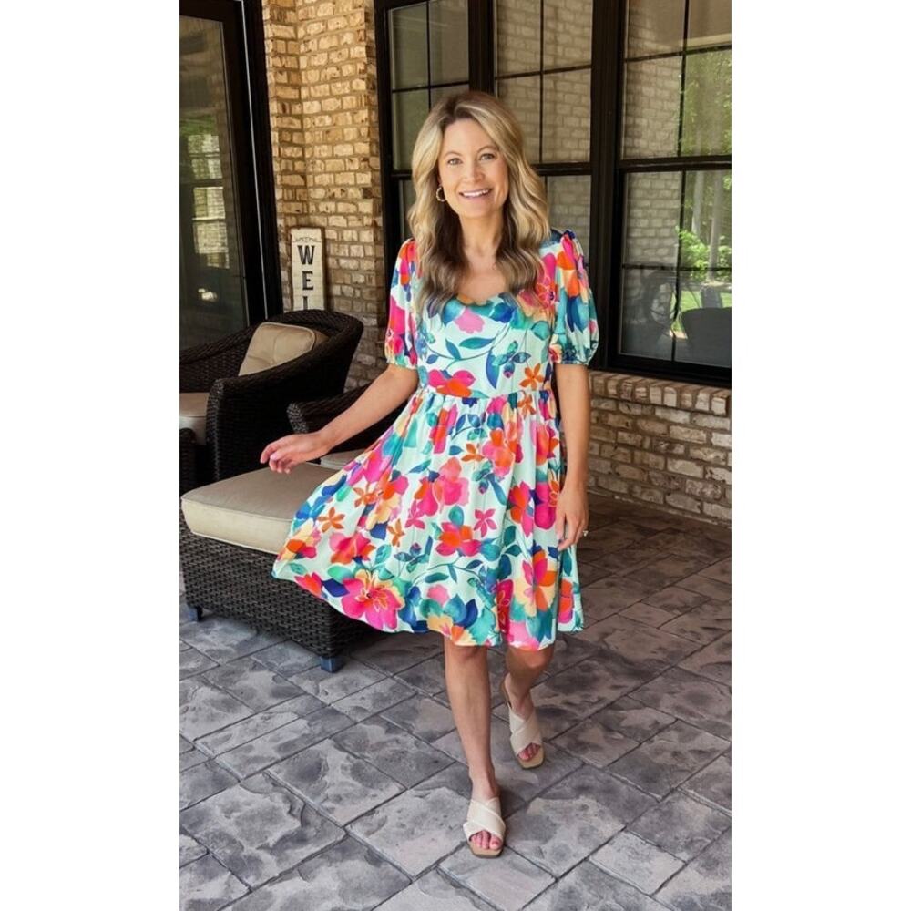 Bibi Sz S Floral Square Neck Puff Sleeve Babydoll Dress Knee Length Tie Back